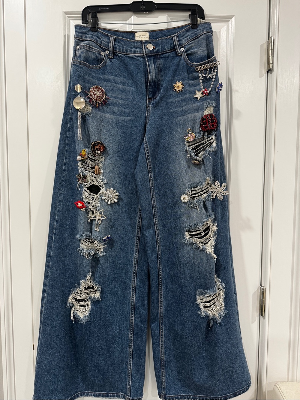 Alice + Olivia Blue Embellished Wide-Leg Distressed Jeans